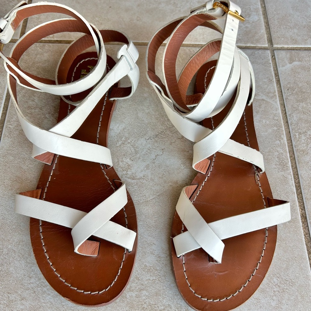 Tory Burch White Brown Sandals Gladiator Ankle Wrap Designer Leather Shoes Sz 9 - Picture 3 of 8